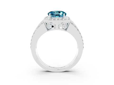 White gold Round Cut Halo Blue Topaz Ring with Split Shank and Four-Prong Setting_3