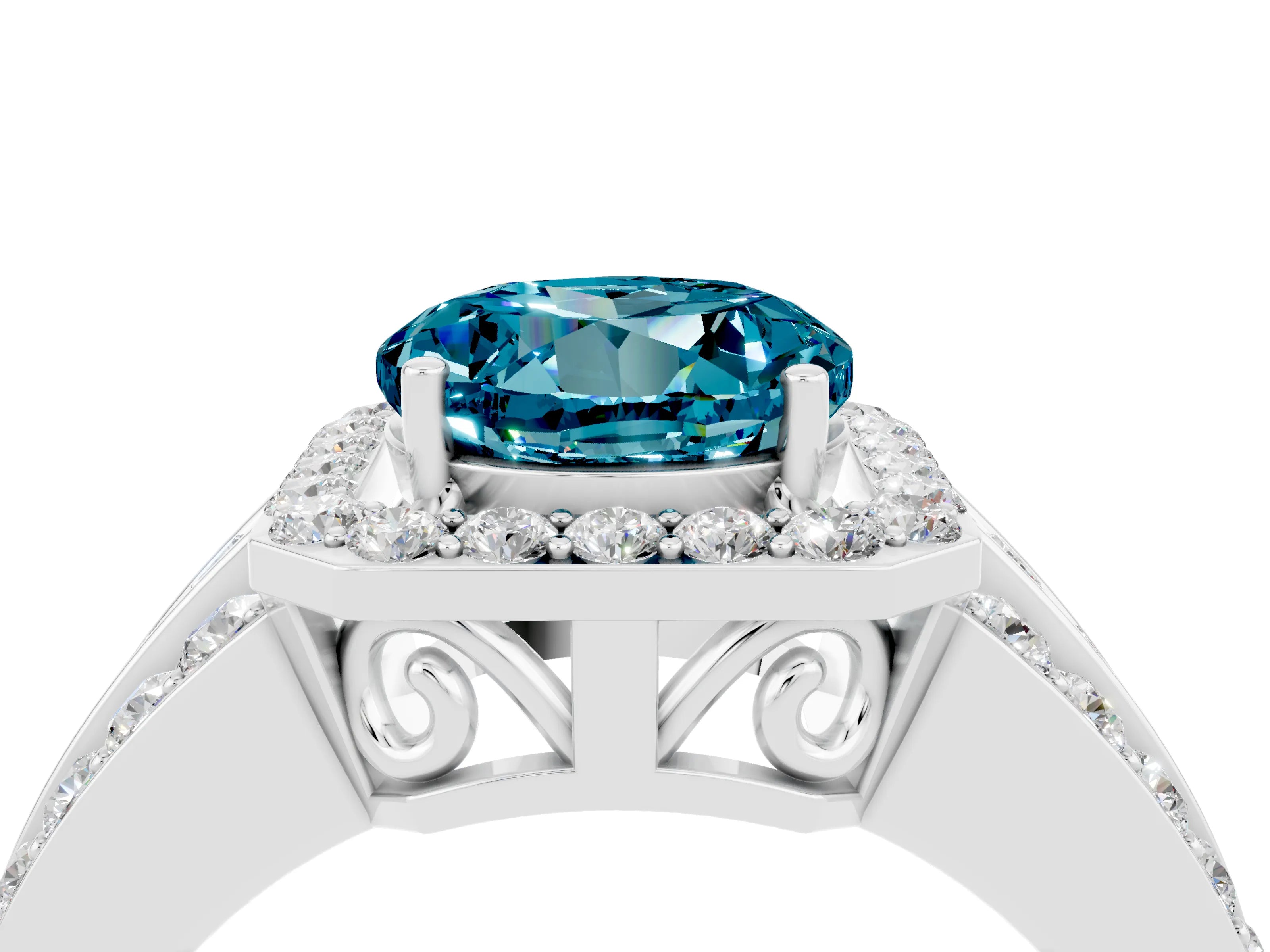 White gold Round Cut Halo Blue Topaz Ring with Split Shank and Four-Prong Setting_4
