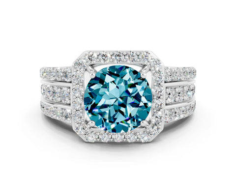 White gold Round Cut Halo Blue Topaz Ring with Split Shank and Four-Prong Setting