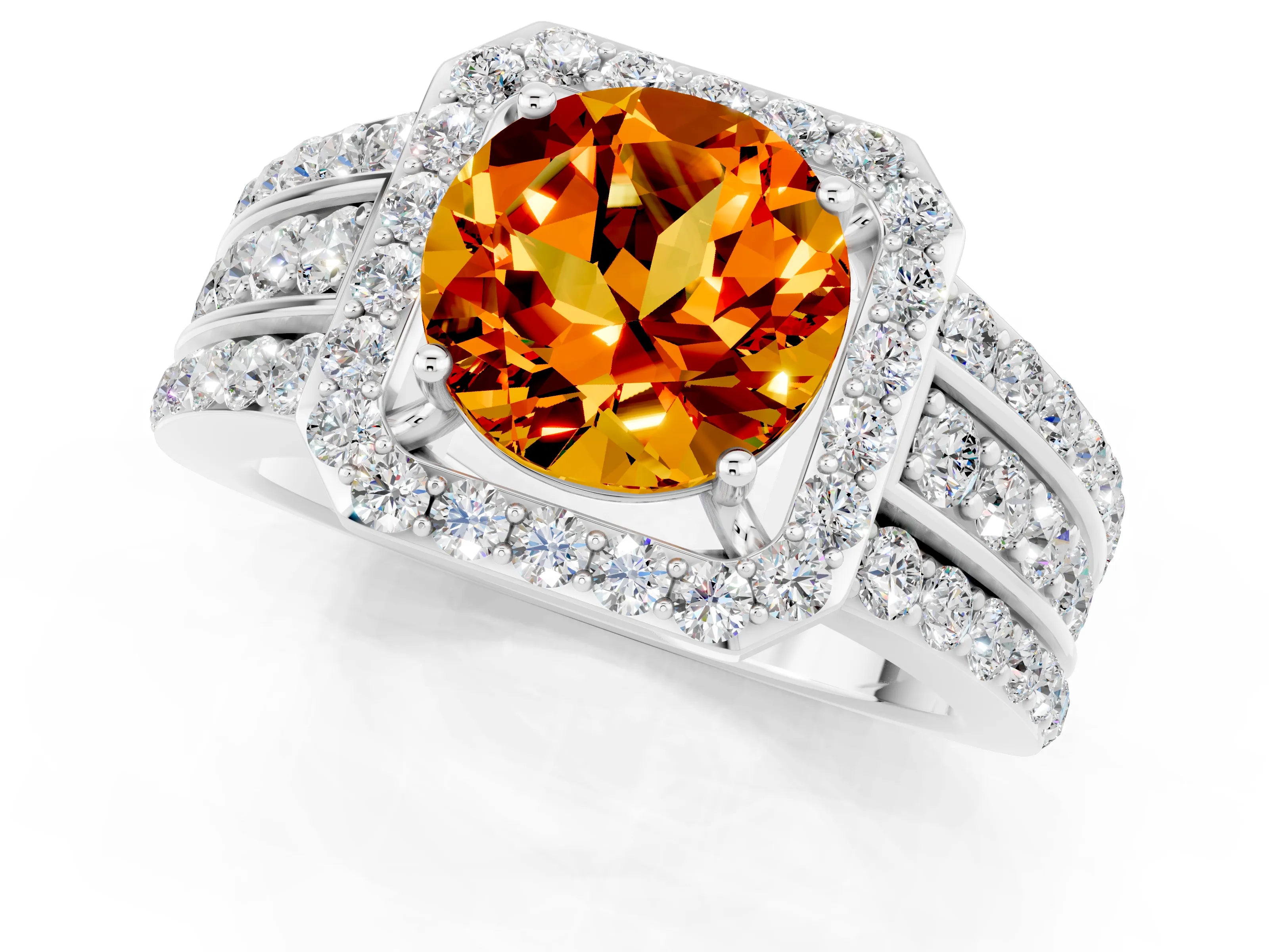 White gold Round Cut Halo Citrine Ring with Split Shank and Four-Prong Setting_1