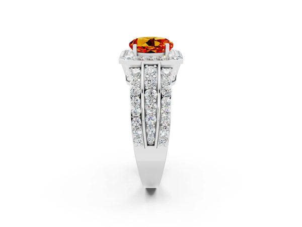 Platinum Round Cut Halo Citrine Ring with Round  Split Shank and Prong Setting