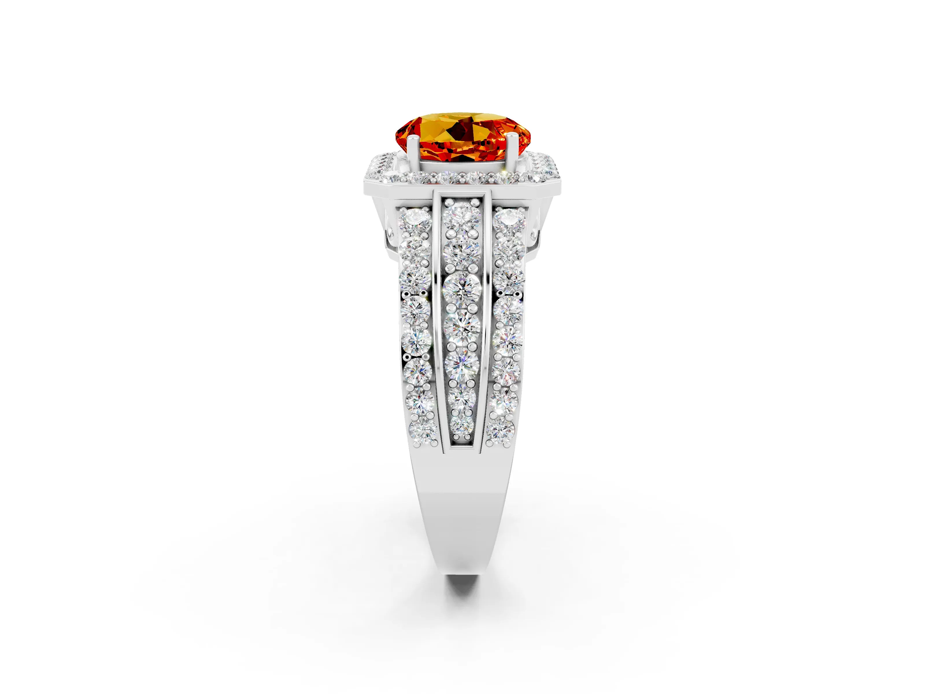White gold Round Cut Halo Citrine Ring with Split Shank and Four-Prong Setting_2
