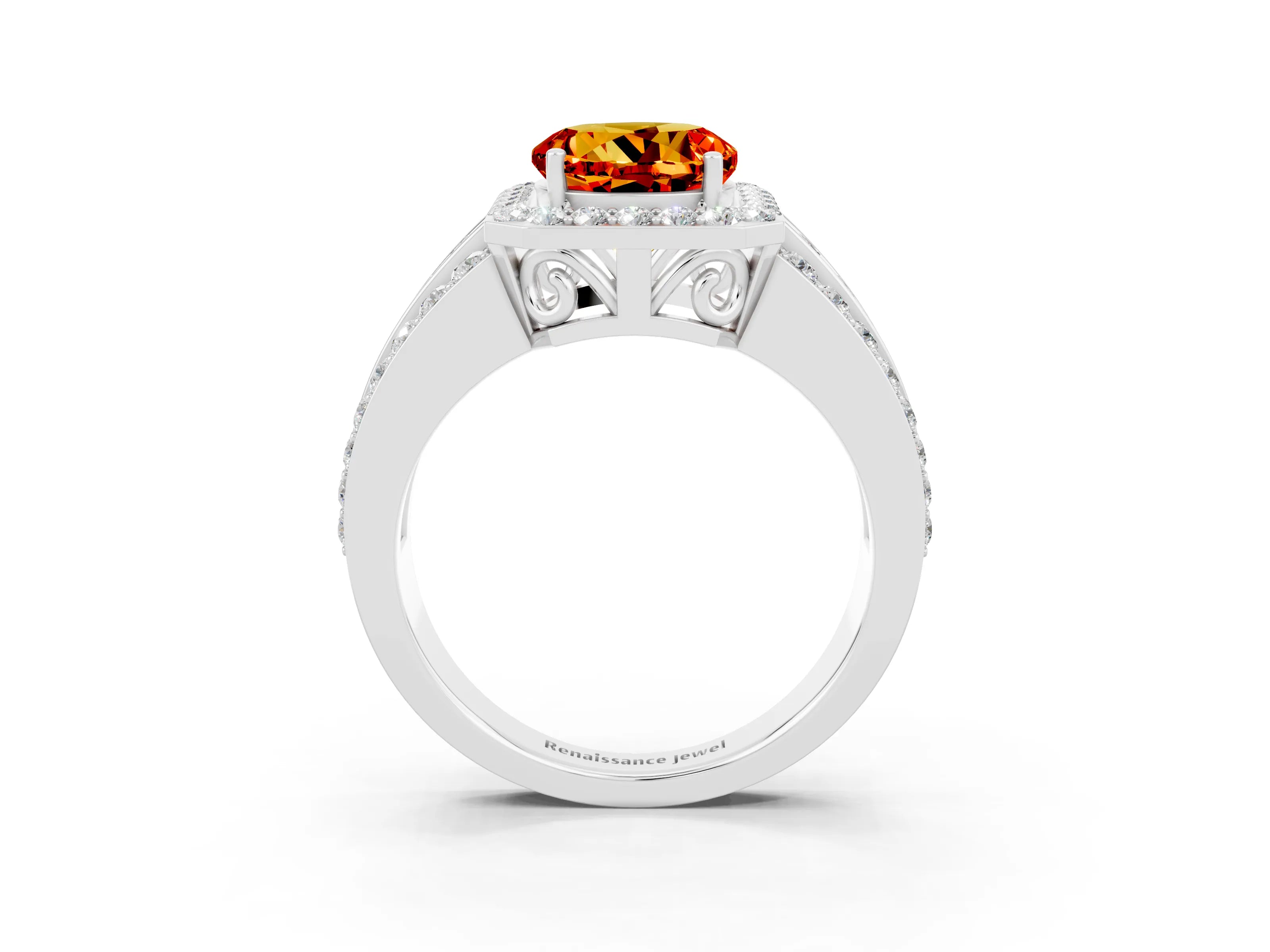 White gold Round Cut Halo Citrine Ring with Split Shank and Four-Prong Setting_3