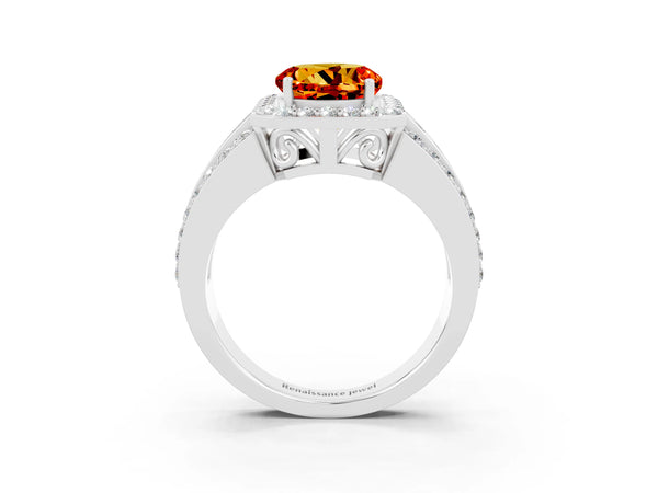 White gold Round Cut Halo Citrine Ring with Round  Split Shank and Prong Setting
