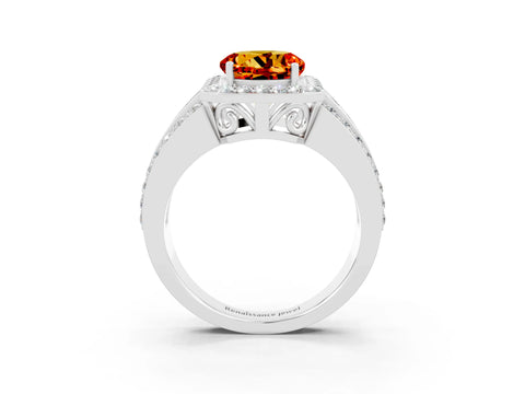 White gold Round Cut Halo Citrine Ring with Split Shank and Four-Prong Setting_3