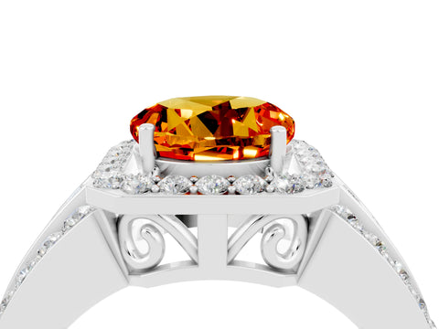 White gold Round Cut Halo Citrine Ring with Split Shank and Four-Prong Setting_4