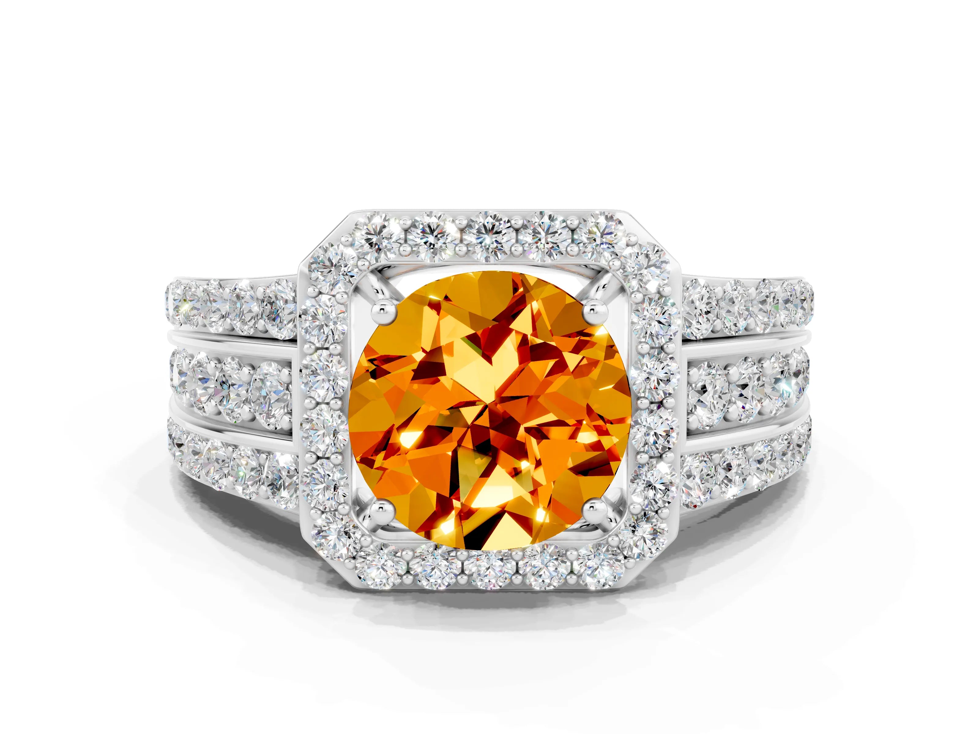 White gold Round Cut Halo Citrine Ring with Split Shank and Four-Prong Setting