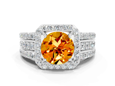 White gold Round Cut Halo Citrine Ring with Split Shank and Four-Prong Setting