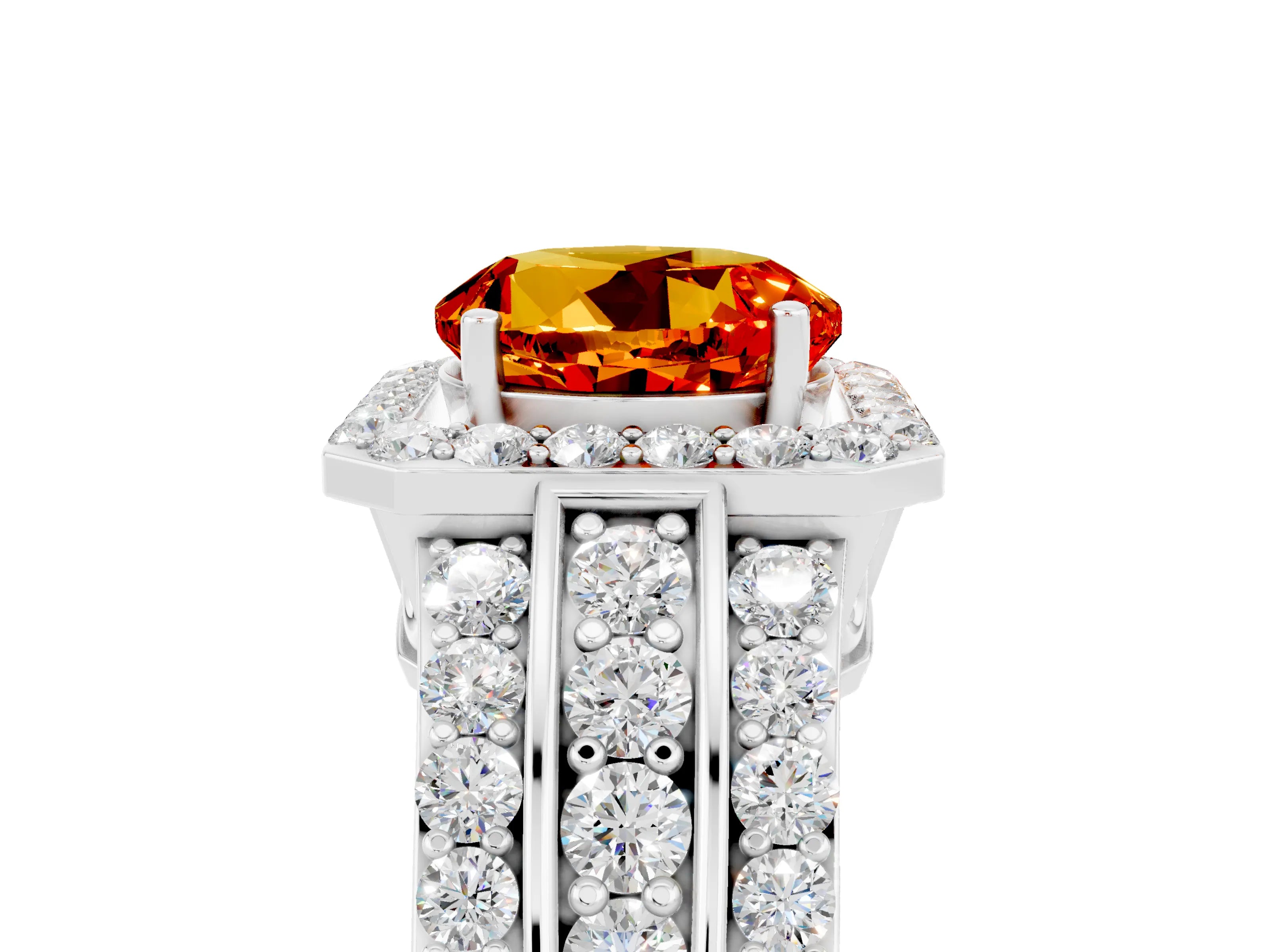 White gold Round Cut Halo Citrine Ring with Split Shank and Four-Prong Setting_5