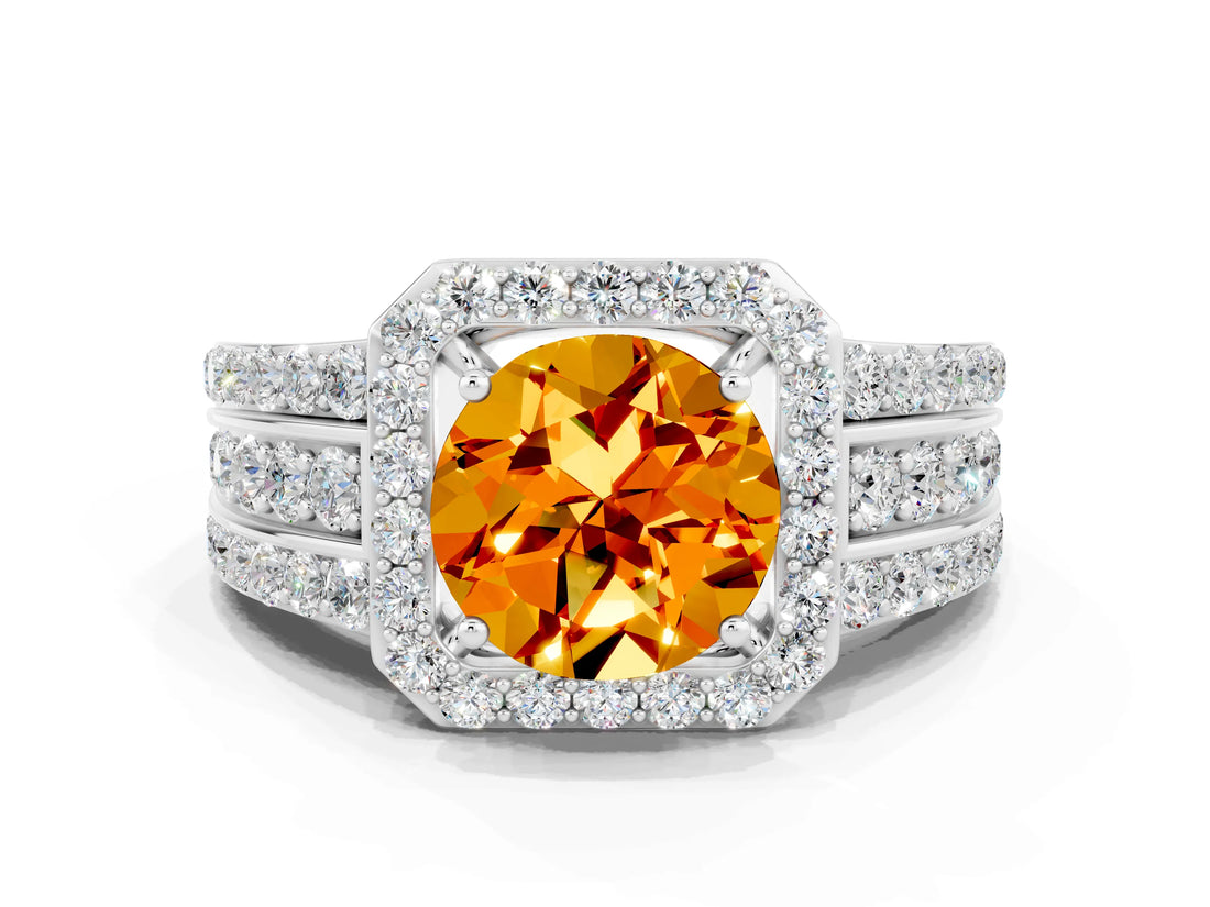 White gold Round Cut Halo Citrine Ring with Split Shank and Four-Prong Setting