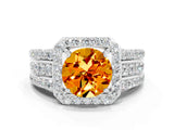 White gold Round Cut Halo Citrine Ring with Split Shank and Four-Prong Setting