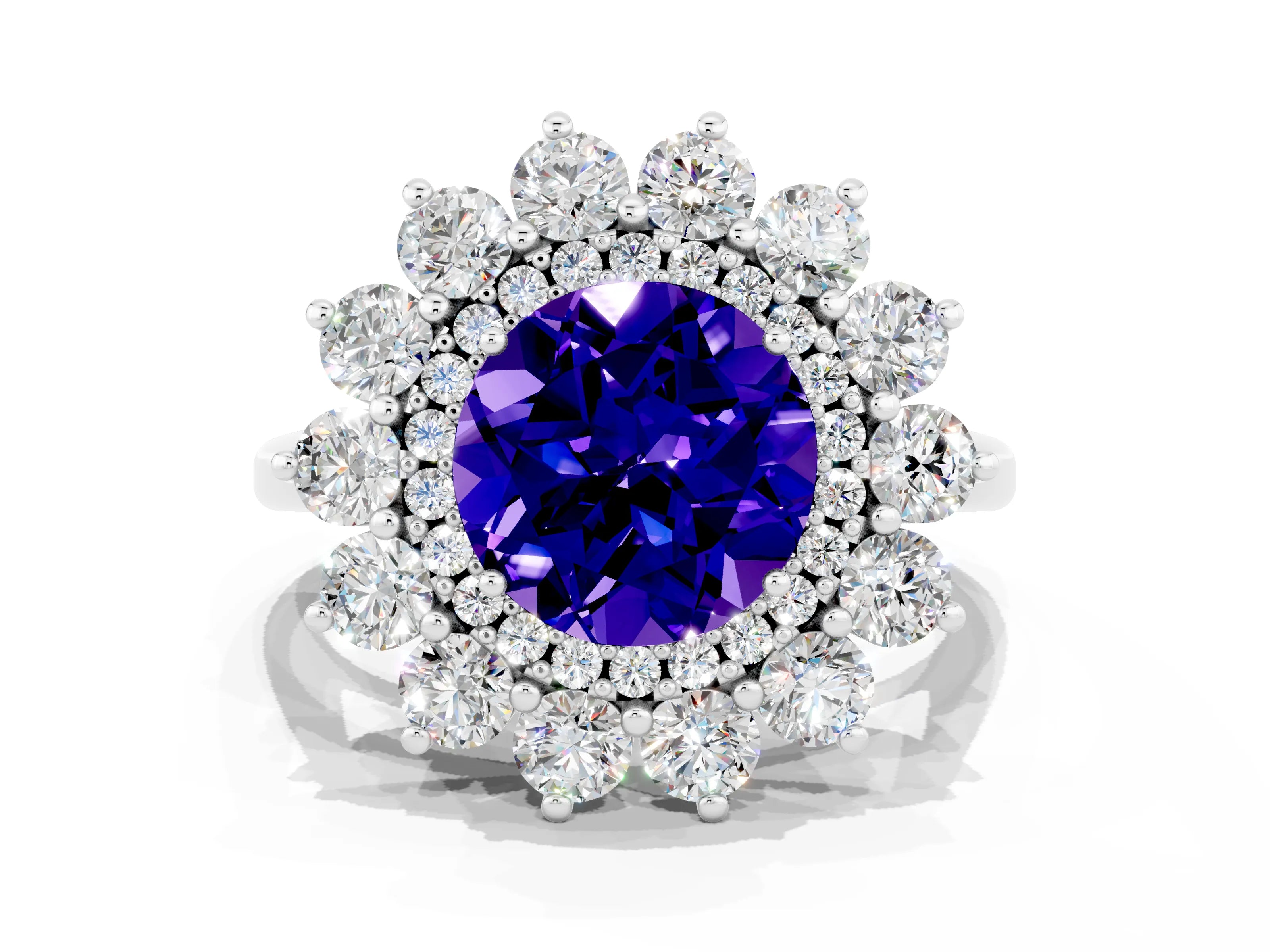 White gold Round Cut Halo Cluster Diamond Ring with Pave Band and Four-Prong Setting