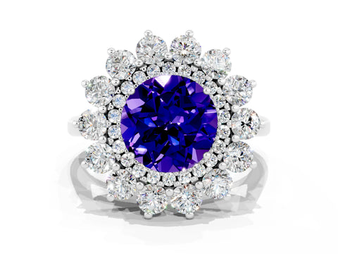 White gold Round Cut Halo Cluster Diamond Ring with Pave Band and Four-Prong Setting