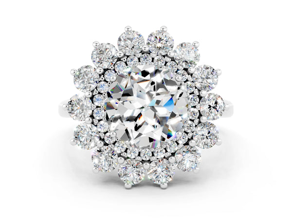 Silver Round Cut Moissanite Floral Double Halo Engagement Ring with Prong Setting