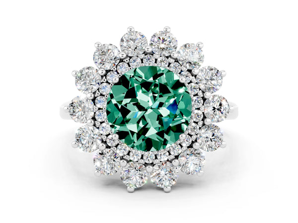 Platinum Round Cut Green Sapphire Floral Double Halo Engagement Ring with Prong Setting