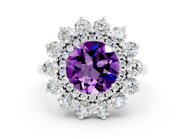 Silver Round Cut Amethyst Floral Double Halo Engagement Ring with Prong Setting