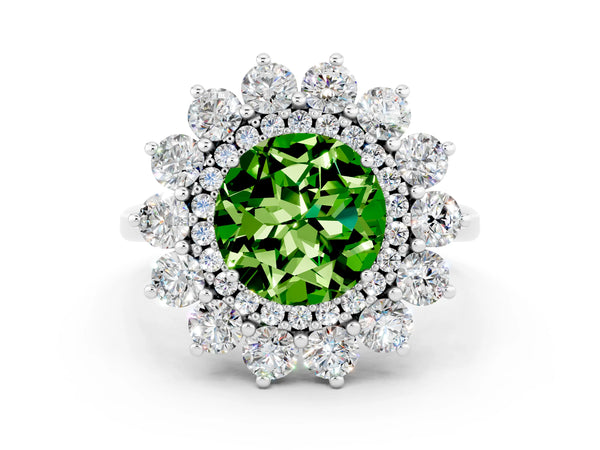 Silver Round Cut Peridot Floral Double Halo Engagement Ring with Prong Setting