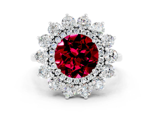 White gold Round Cut Garnet Floral Double Halo Engagement Ring with Prong Setting