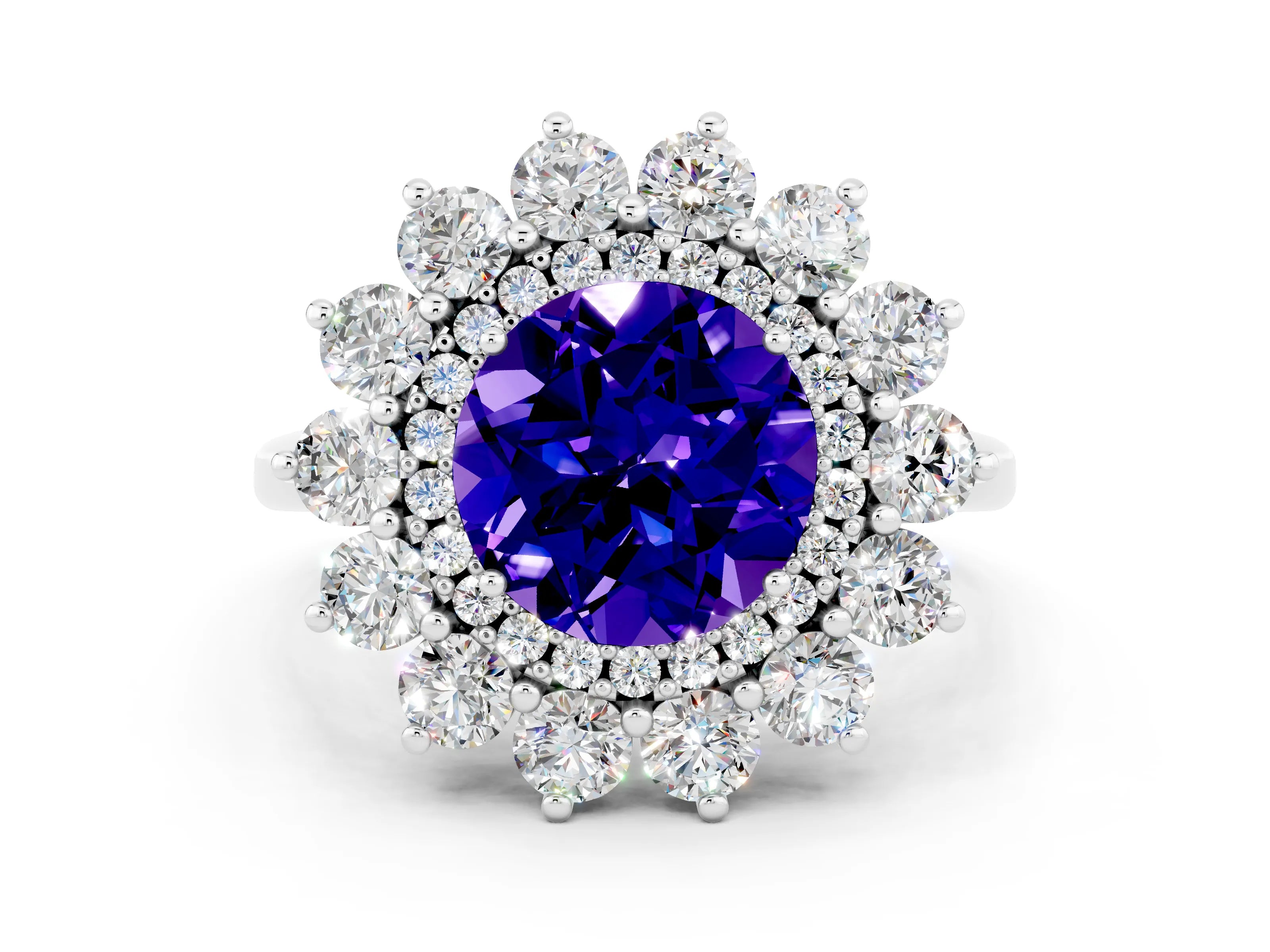 White gold Round Cut Halo Cluster Diamond Ring with Pave Band and Four-Prong Setting_12