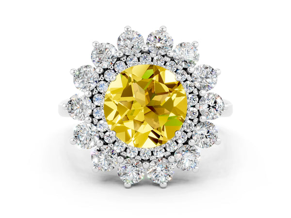 White gold Round Cut Yellow Sapphire Floral Double Halo Engagement Ring with Prong Setting