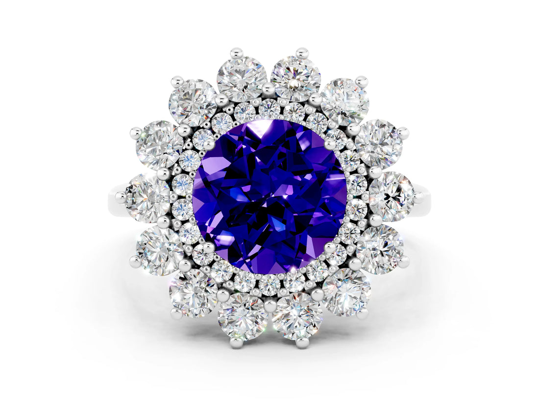 White gold Round Cut Halo Cluster Diamond Ring with Pave Band and Four-Prong Setting_12