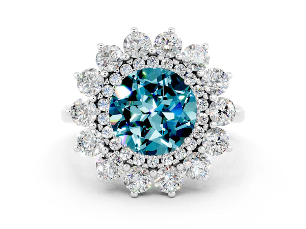 Platinum Round Cut Blue Topaz Floral Double Halo Engagement Ring with Prong Setting