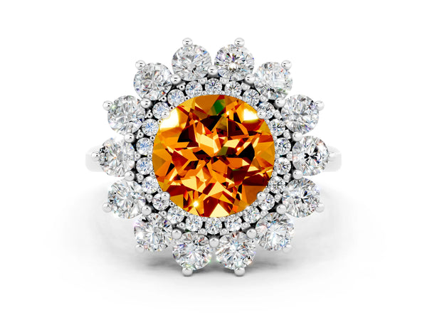 White gold Round Cut Citrine Floral Double Halo Engagement Ring with Prong Setting