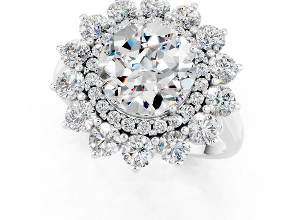 Platinum Round Cut Moissanite Floral Double Halo Engagement Ring with Prong Setting