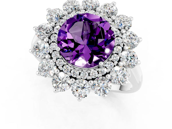 Platinum Round Cut Amethyst Floral Double Halo Engagement Ring with Prong Setting