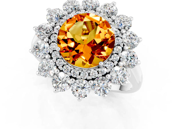 Platinum Round Cut Citrine Floral Double Halo Engagement Ring with Prong Setting