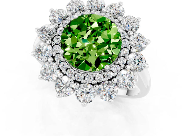 Silver Round Cut Peridot Floral Double Halo Engagement Ring with Prong Setting