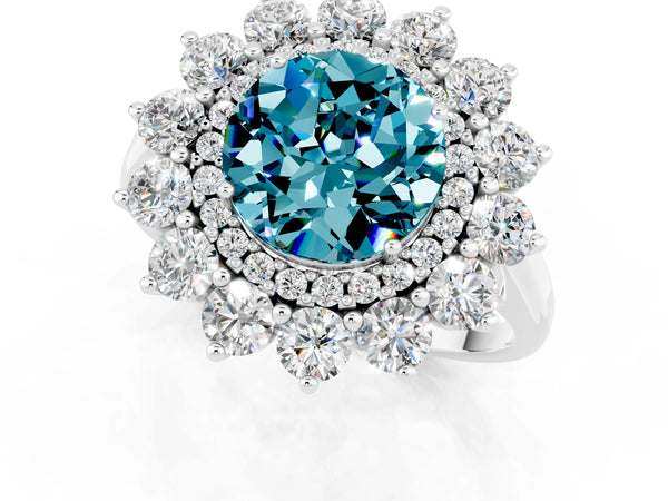 Platinum Round Cut Halo Cluster Diamond Ring with Pave Band and Four-Prong Setting