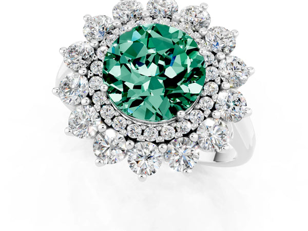 Platinum Round Cut Green Sapphire Floral Double Halo Engagement Ring with Prong Setting