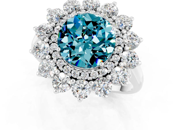 Silver Round Cut Blue Topaz Floral Double Halo Engagement Ring with Prong Setting