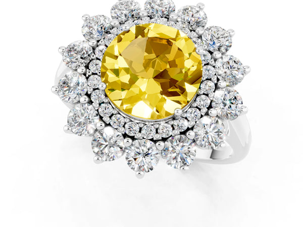 Platinum Round Cut Yellow Sapphire Floral Double Halo Engagement Ring with Prong Setting
