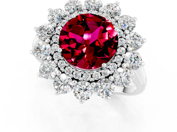 Silver Round Cut Garnet Floral Double Halo Engagement Ring with Prong Setting