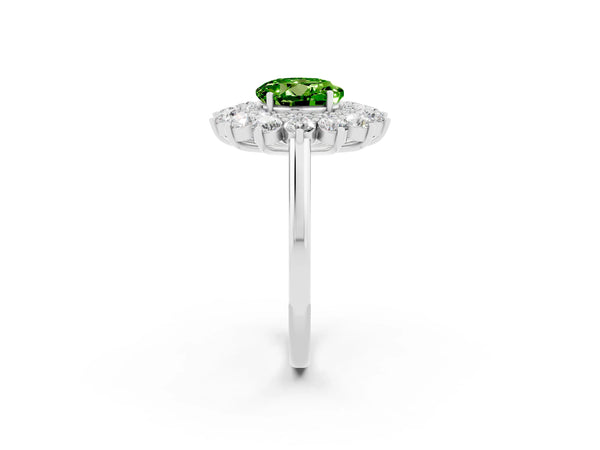 White gold Round Cut Peridot Floral Double Halo Engagement Ring with Prong Setting