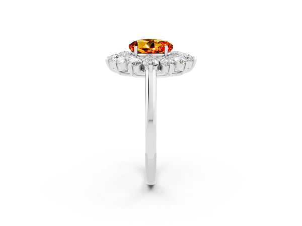 White gold Round Cut Citrine Floral Double Halo Engagement Ring with Prong Setting