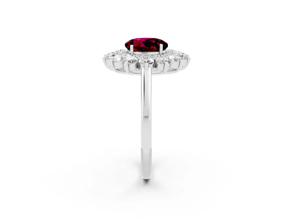 Silver Round Cut Garnet Floral Double Halo Engagement Ring with Prong Setting