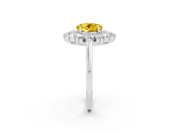 Silver Round Cut Yellow Sapphire Floral Double Halo Engagement Ring with Prong Setting