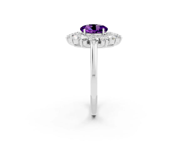 Platinum Round Cut Amethyst Floral Double Halo Engagement Ring with Prong Setting
