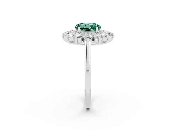 White gold Round Cut Green Sapphire Floral Double Halo Engagement Ring with Prong Setting