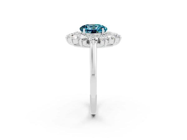 Silver Round Cut Blue Topaz Floral Double Halo Engagement Ring with Prong Setting