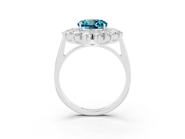 Platinum Round Cut Blue Topaz Floral Double Halo Engagement Ring with Prong Setting