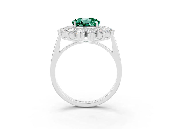 Platinum Round Cut Green Sapphire Floral Double Halo Engagement Ring with Prong Setting