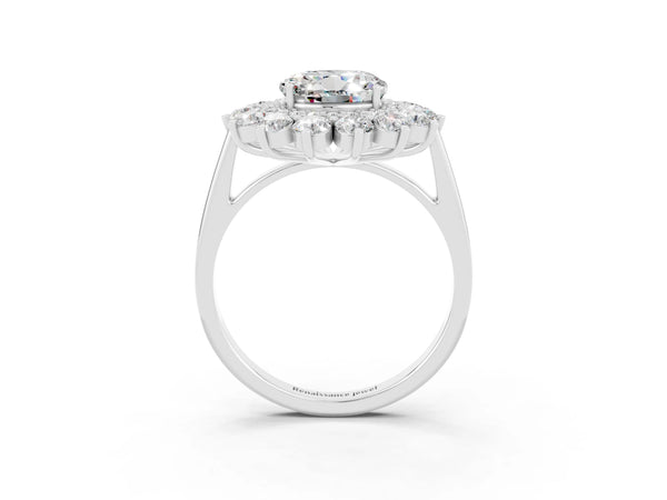 White gold Round Cut Moissanite Floral Double Halo Engagement Ring with Prong Setting