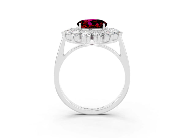 Silver Round Cut Garnet Floral Double Halo Engagement Ring with Prong Setting