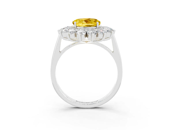 Silver Round Cut Yellow Sapphire Floral Double Halo Engagement Ring with Prong Setting