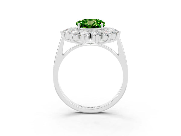 Platinum Round Cut Peridot Floral Double Halo Engagement Ring with Prong Setting