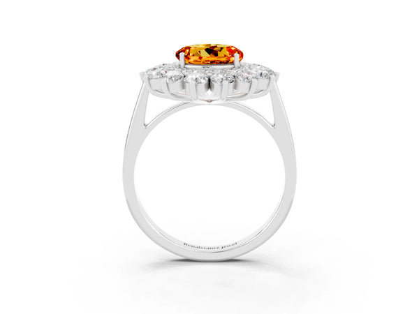 Platinum Round Cut Citrine Floral Double Halo Engagement Ring with Prong Setting